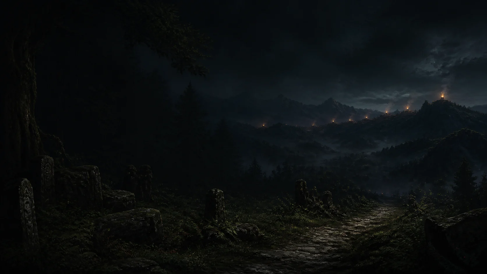 A moonless fantasy valley with distant signal fires burning along a mountain ridge