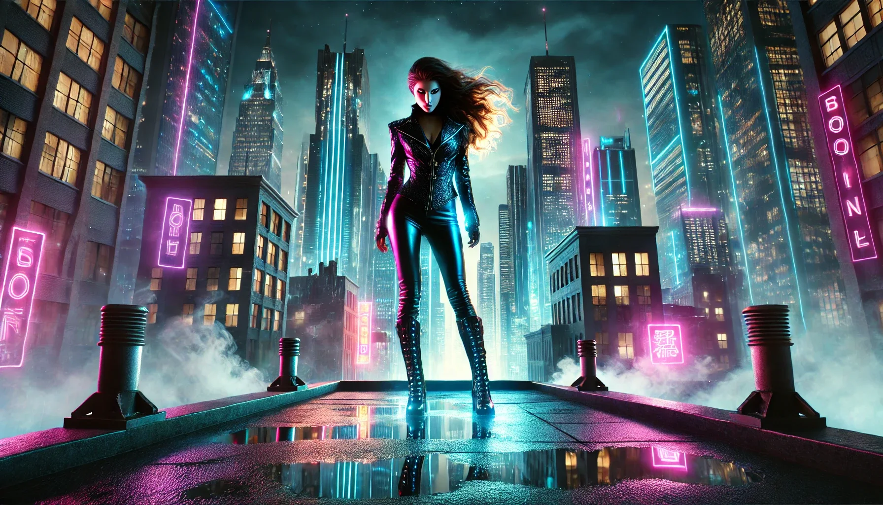 Dramatic neon city skyline rooftop