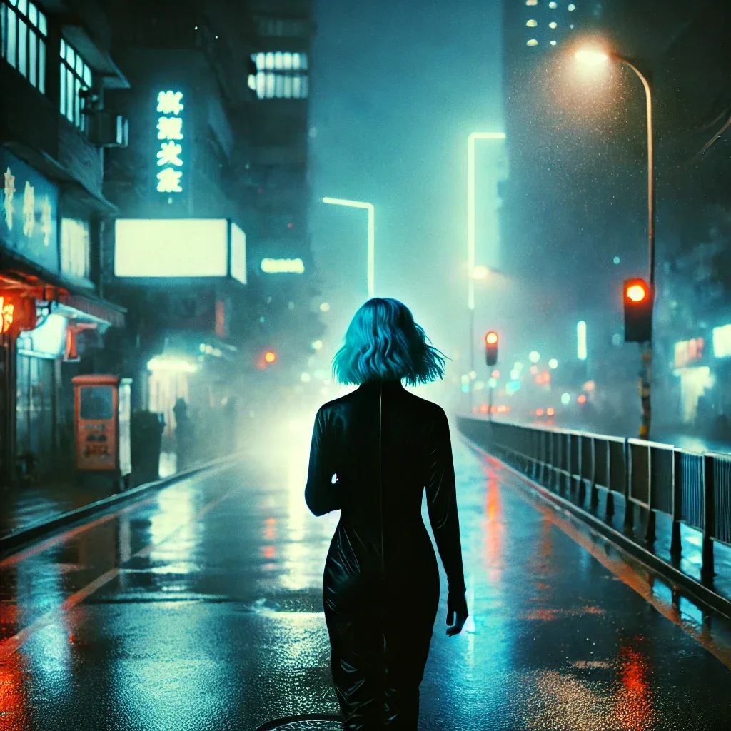 Hacker walking through rain-soaked streets