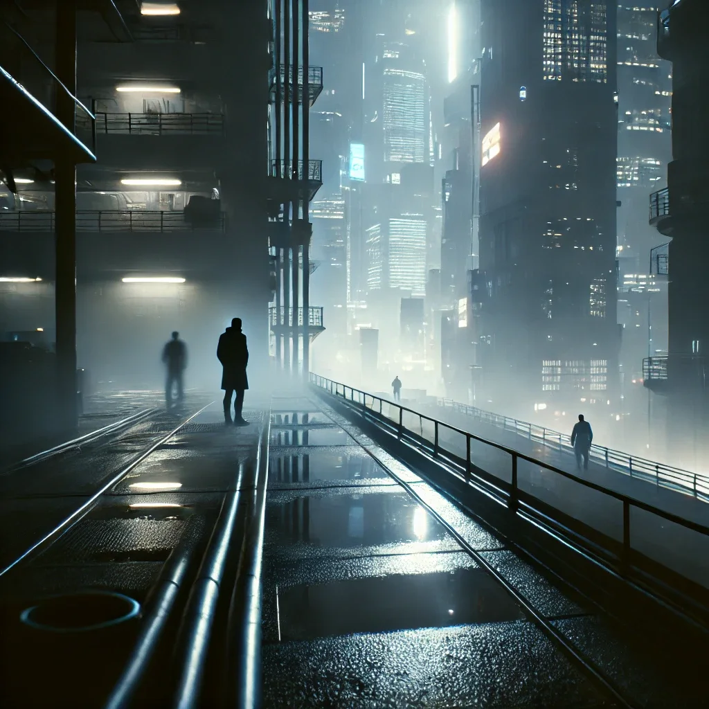 Rain-slicked futuristic rooftop