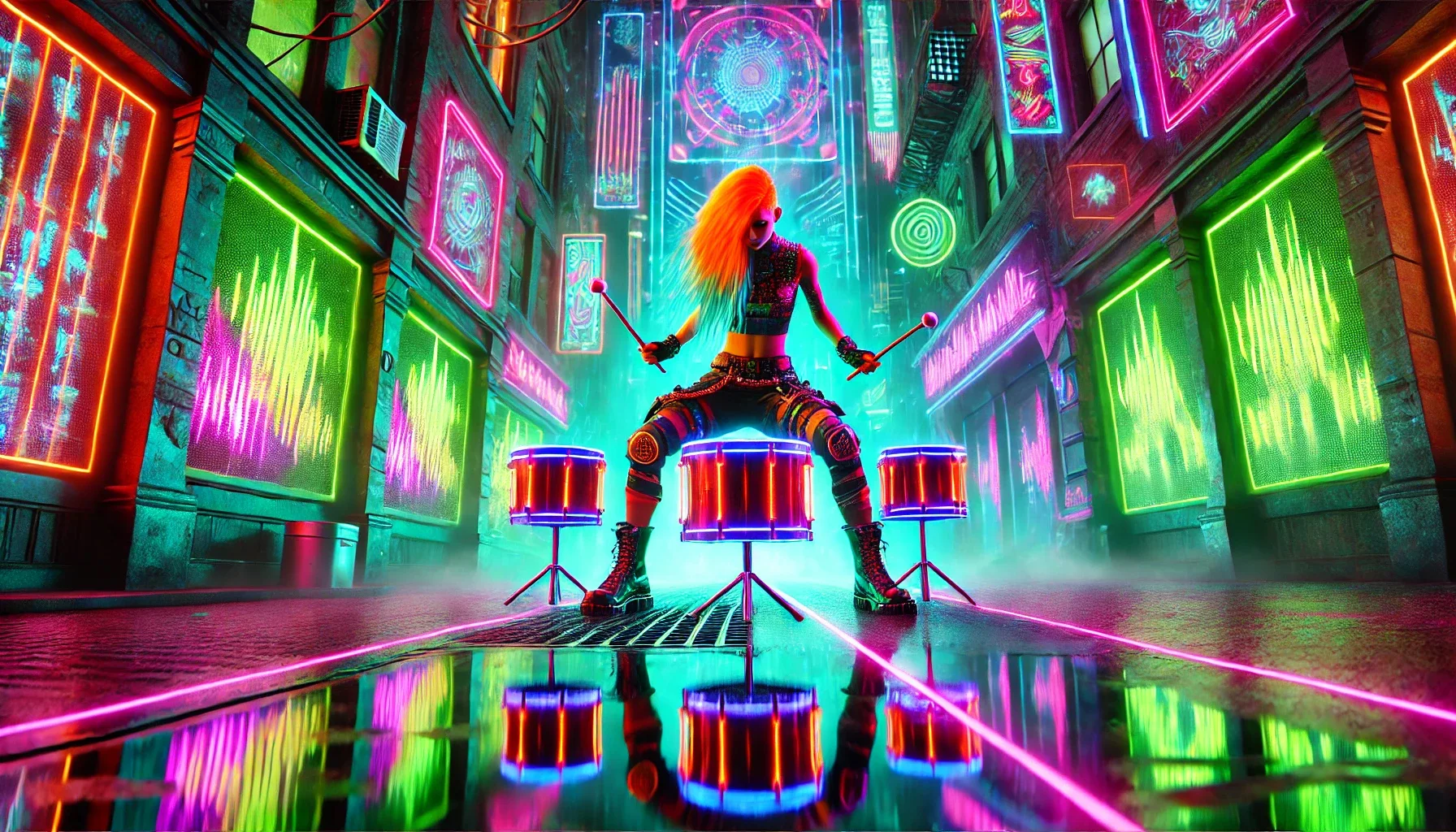 Neon-lit futuristic alley rave