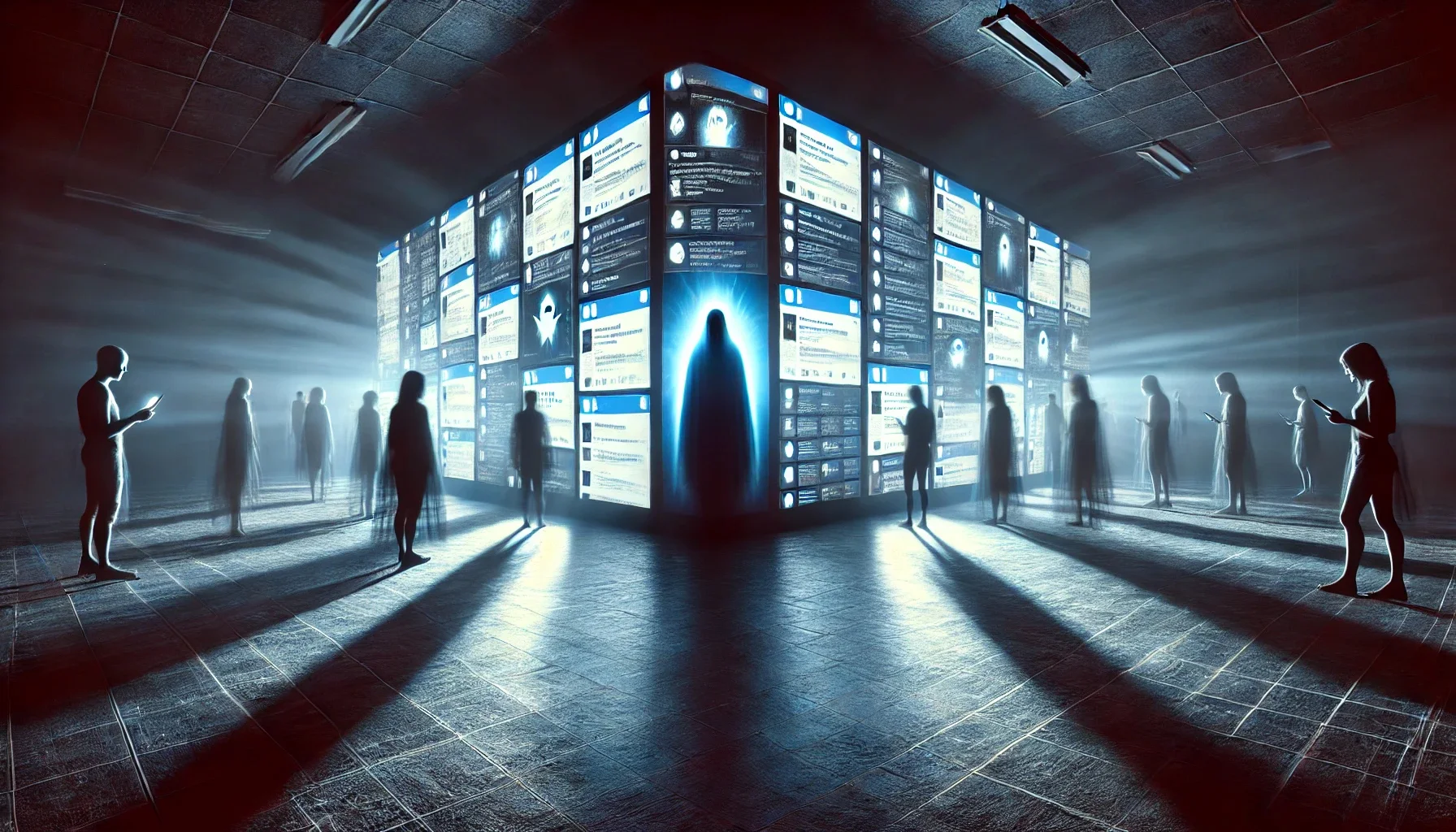 Dark room with glowing screens