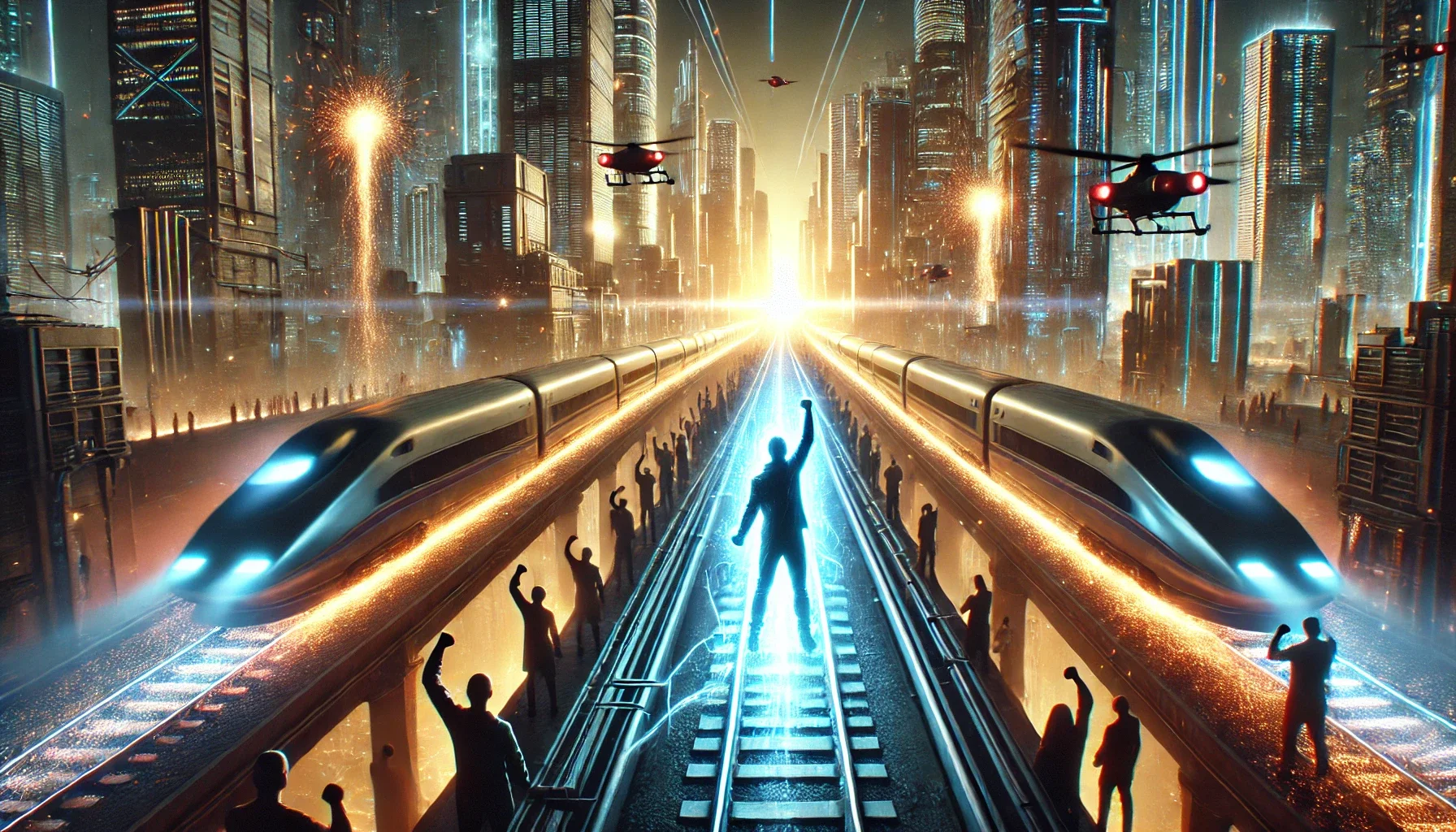 Industrial city with neon trains