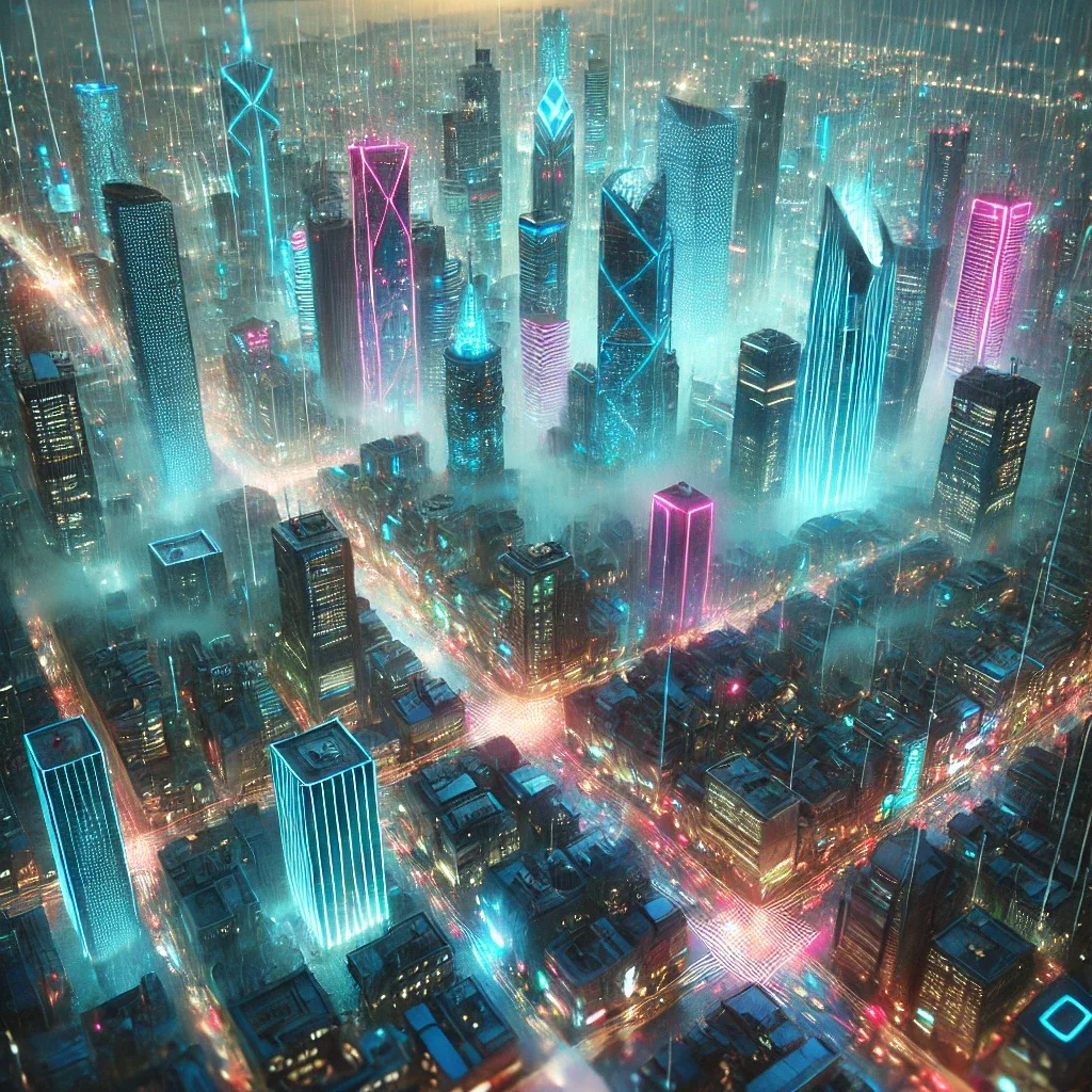 Aerial rain-drenched city view