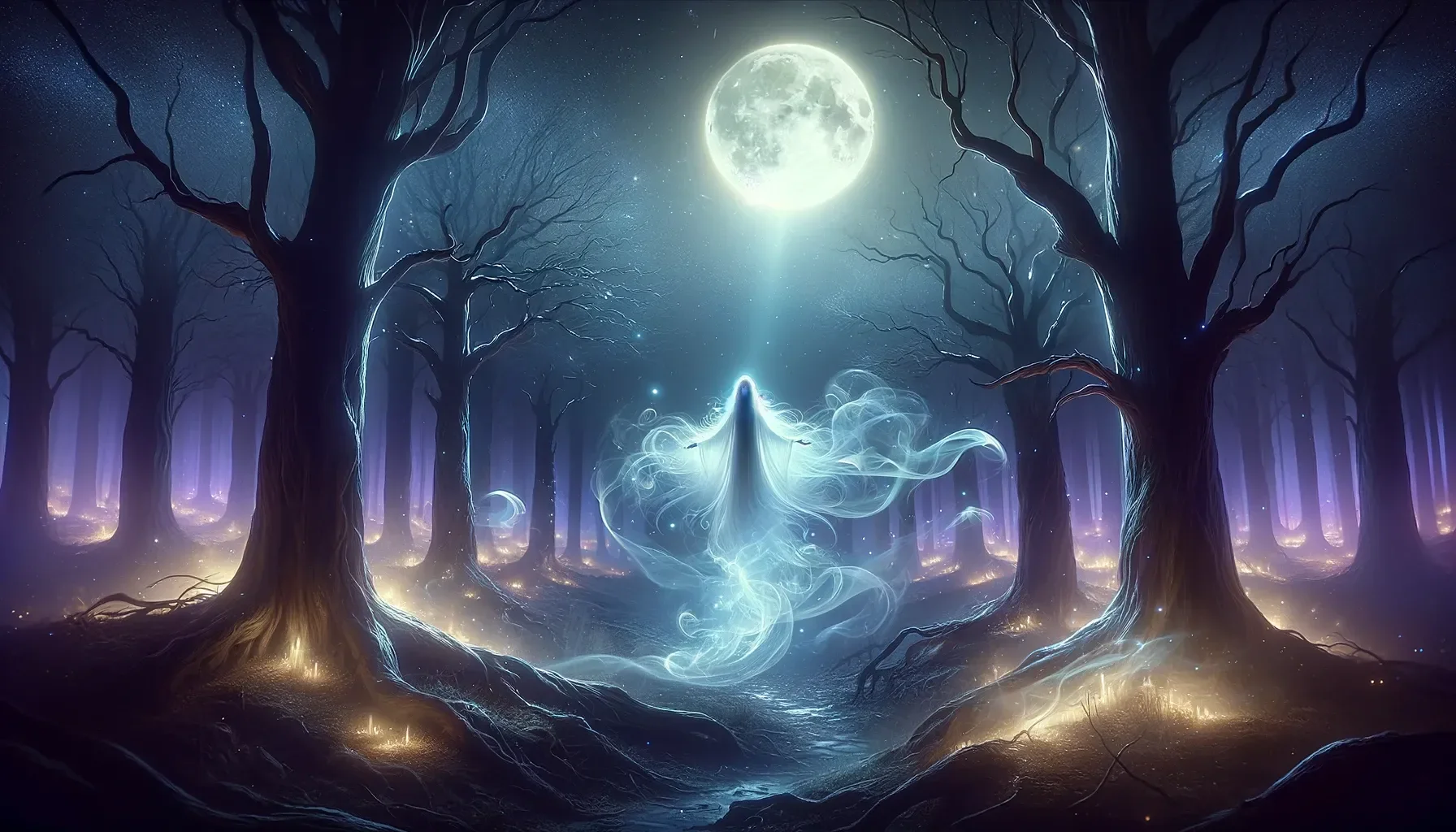 A mystical forest scene under a full moon