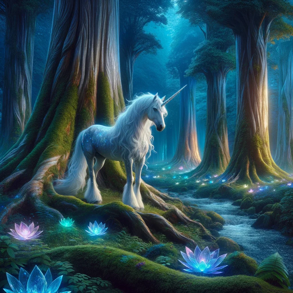 In a mystical twilight forest a magnificent unicorn with a pearlescent white coat and iridescent