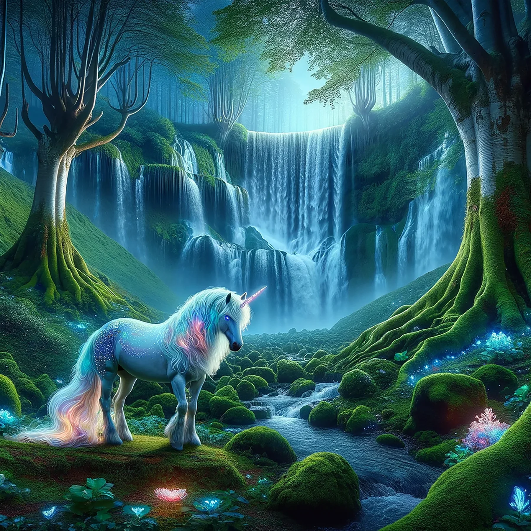 In a mystical twilight forest, a magnificent unicorn with a pearlescent white coat and iridescen