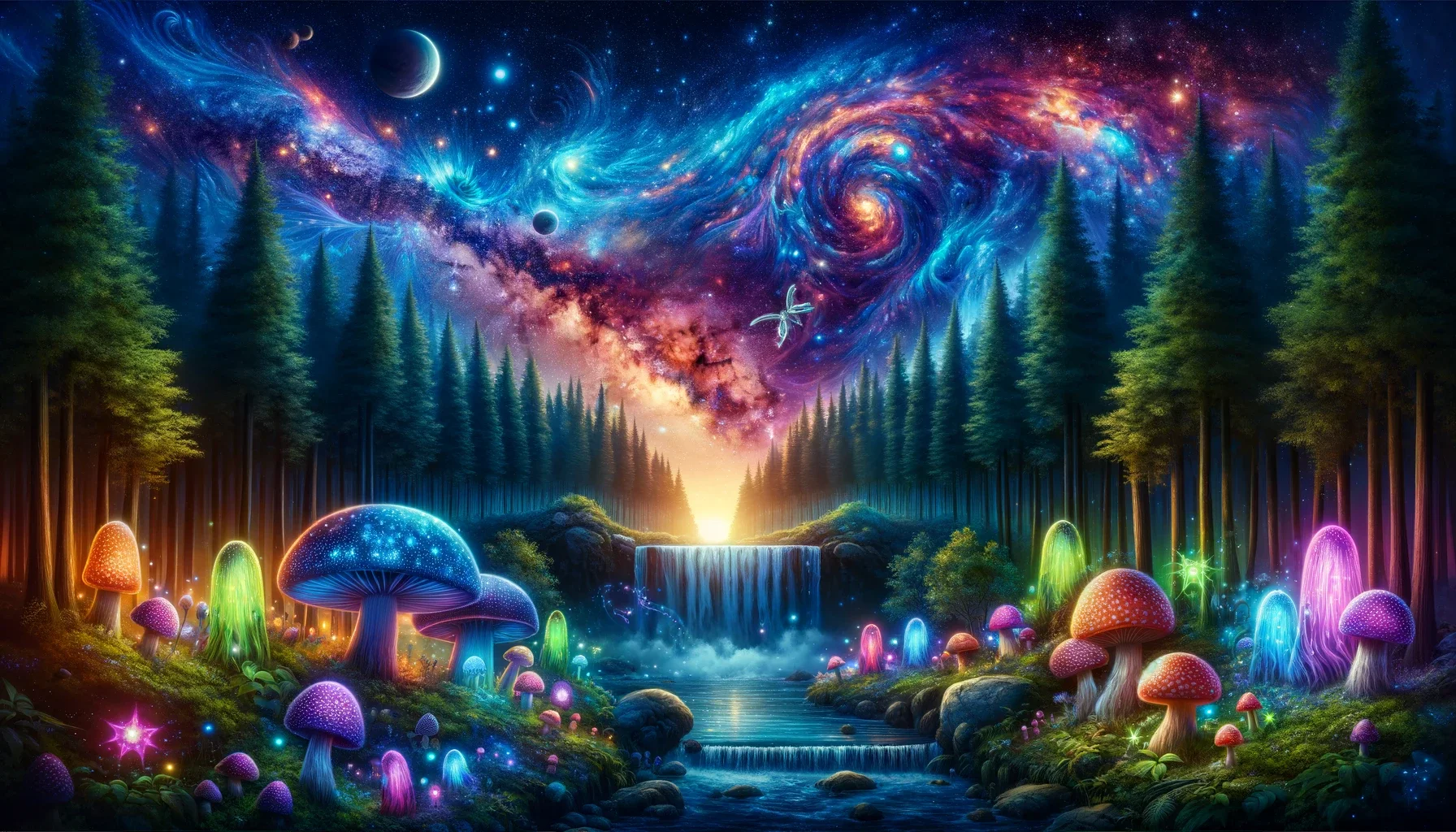 A mystical forest at night, filled with glowing mushrooms and magical creatures around an enchan
