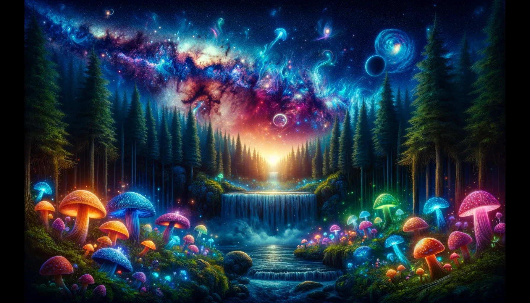 A mystical forest at night, filled with glowing mushrooms and magical creatures around an enchan