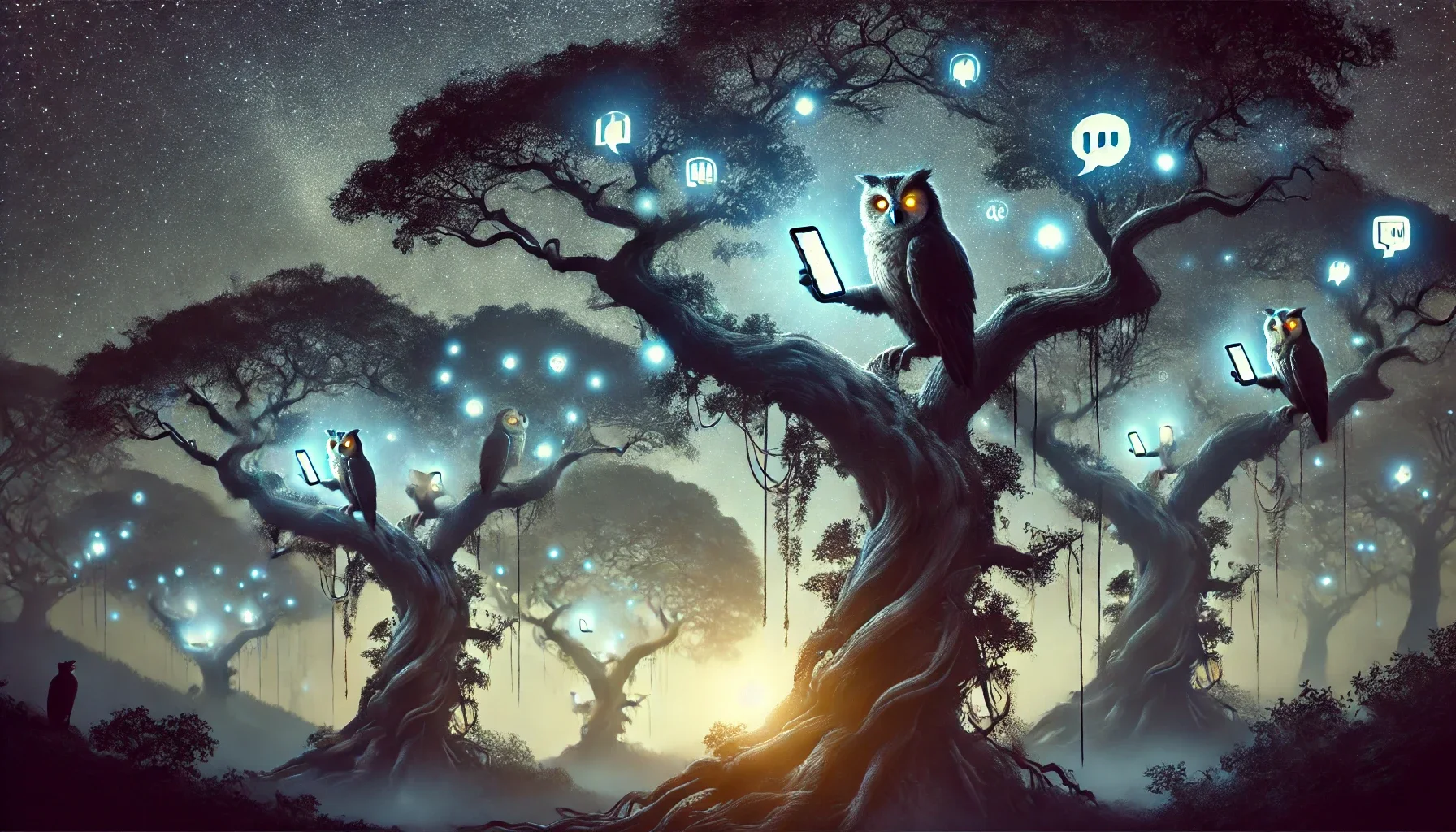 A 16 9 digital art scene of a mystical forest of ancient, sprawling trees silhouetted against a 