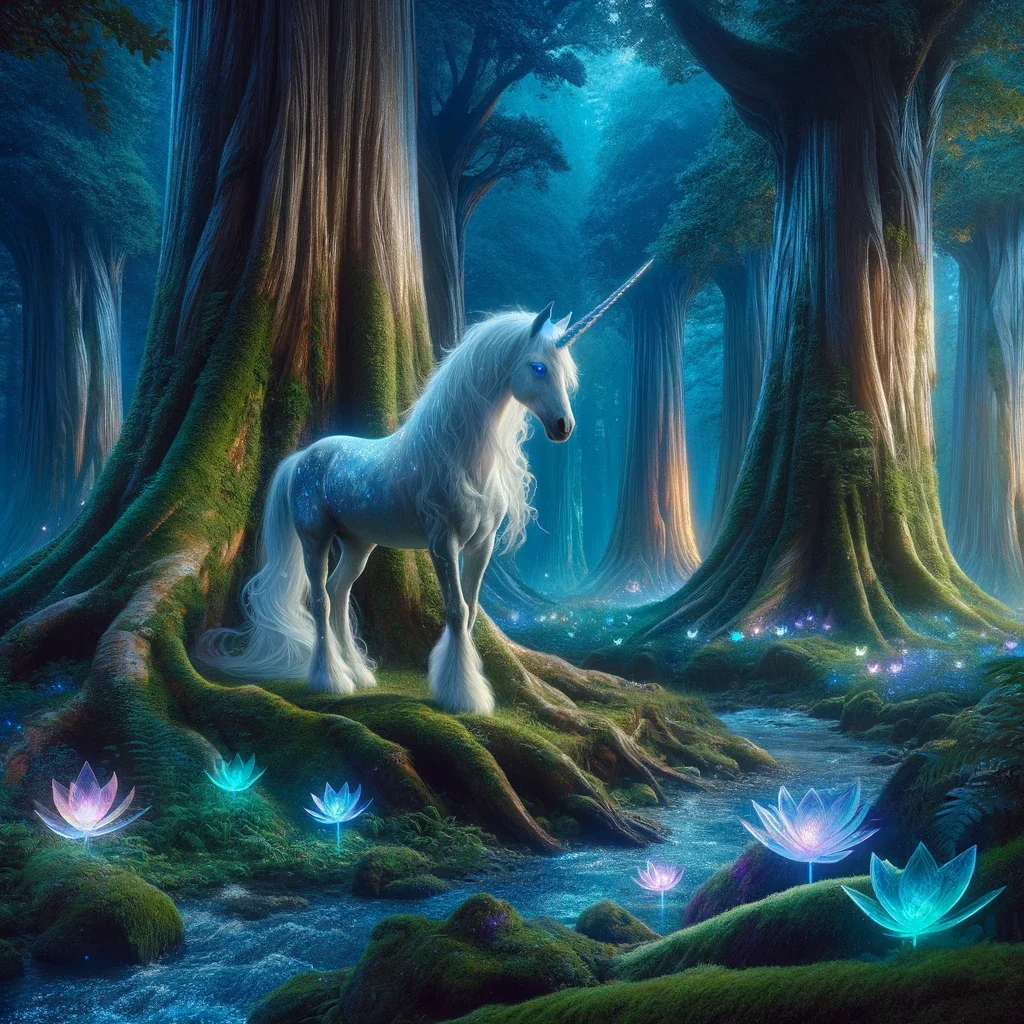 In a mystical twilight forest, a magnificent unicorn with a pearlescent white coat and iridescen
