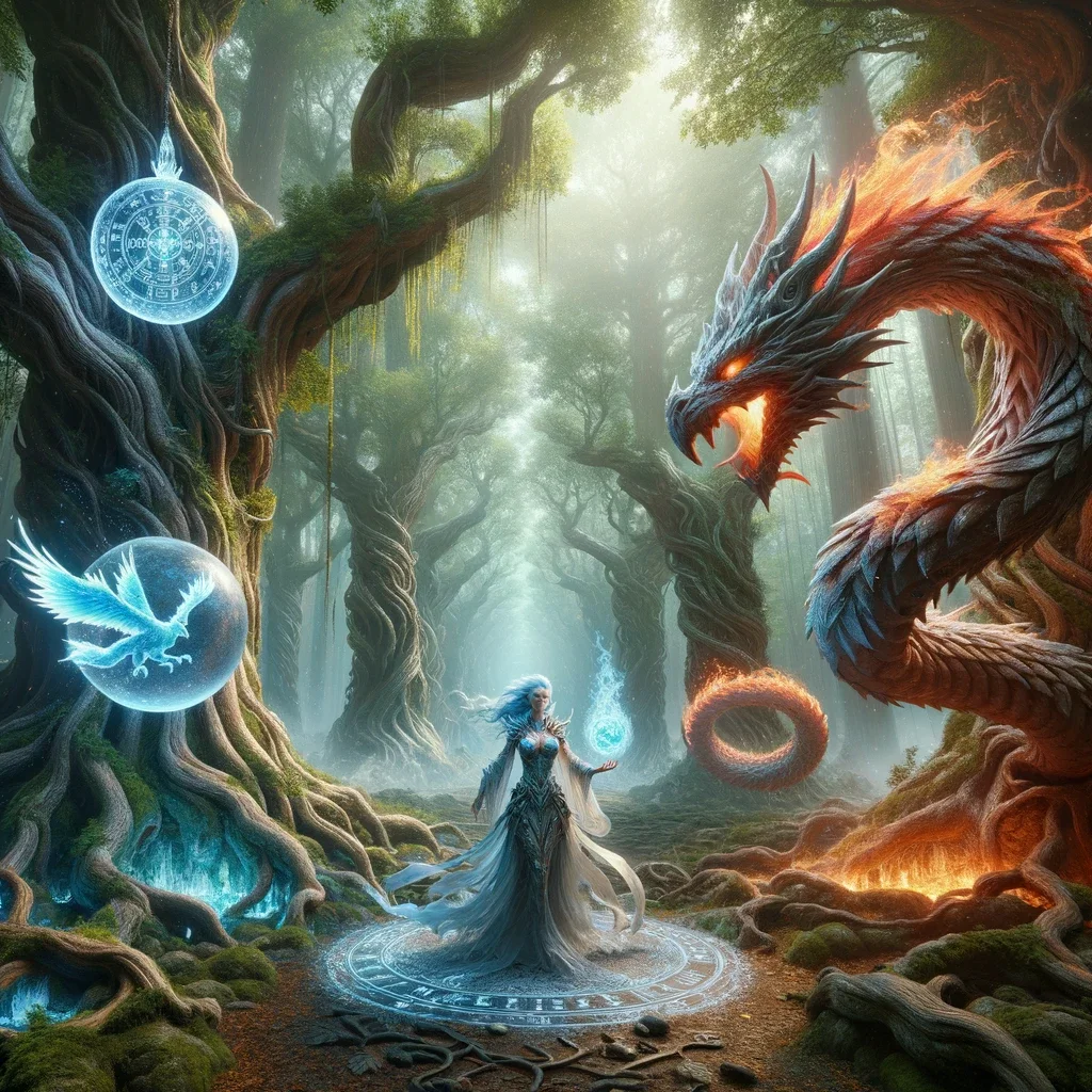 Photo realistic scene in a mystical forest, where ancient trees with glowing runes form a natura