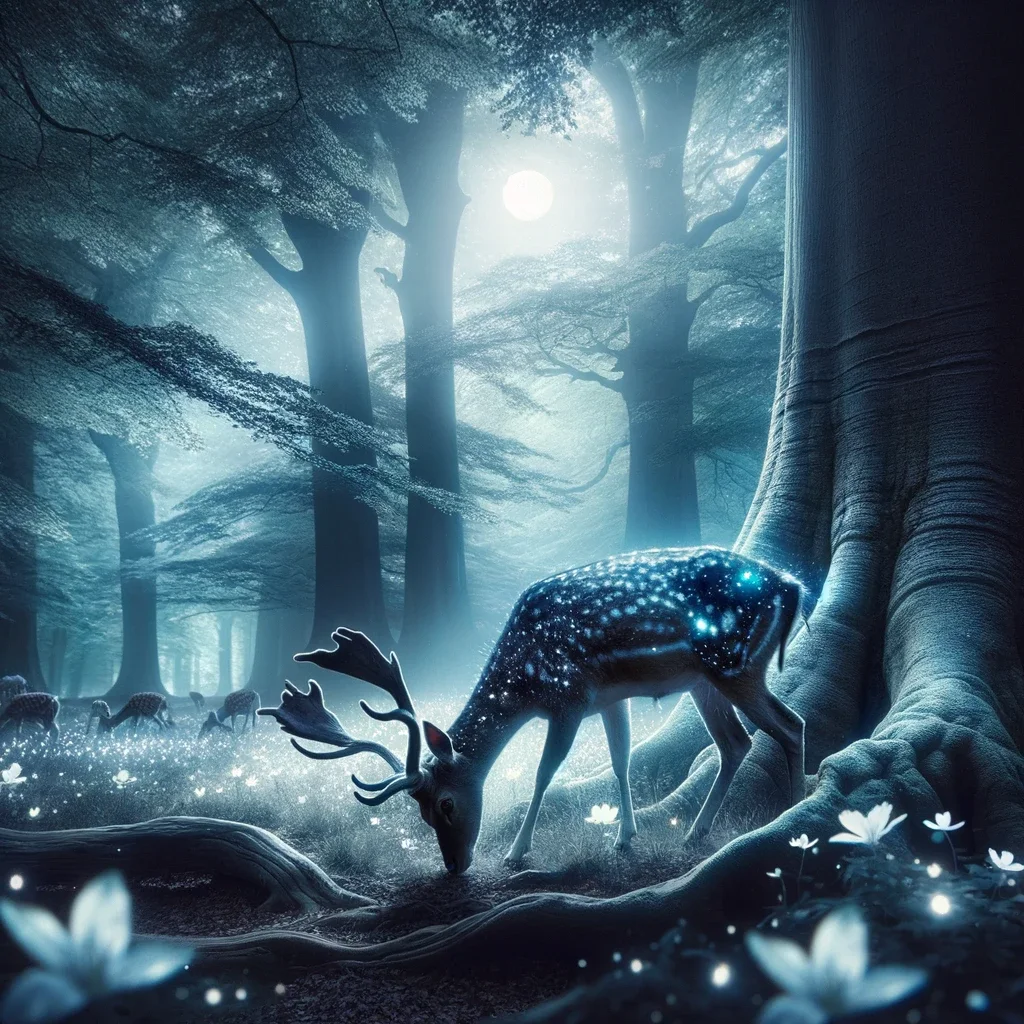 A serene, magical scene in an ancient forest at night. The focus is on a mystical deer with a st