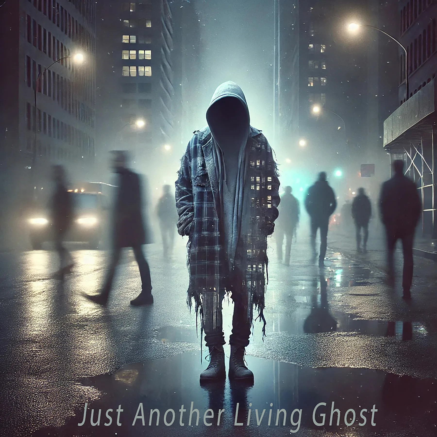 Album cover for a song titled 'Living Ghosts.' The design is dark and atmospheric, with a ghostl