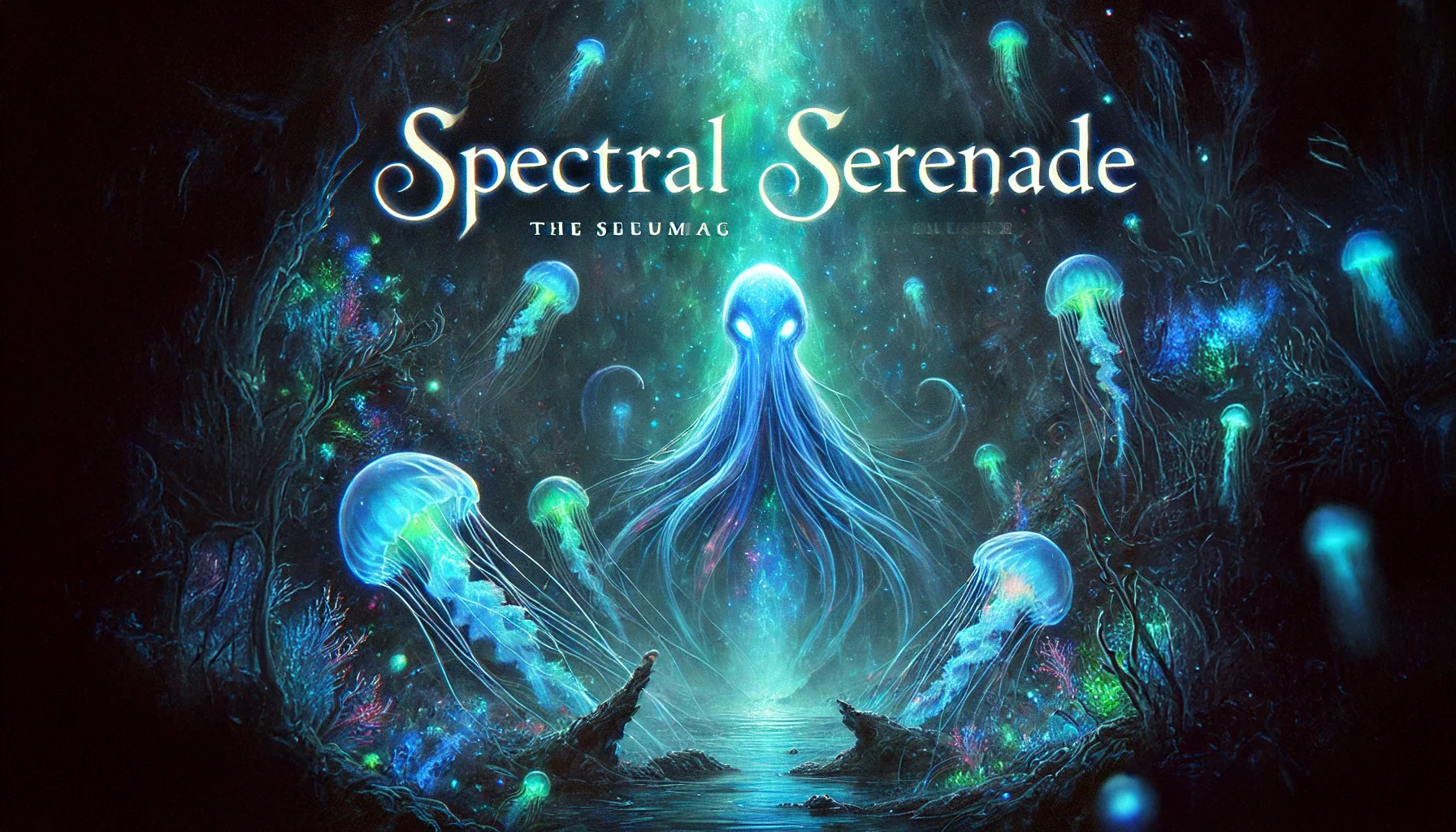 An album cover for the song 'Spectral Serenade', featuring a mysterious underwater scene. The im