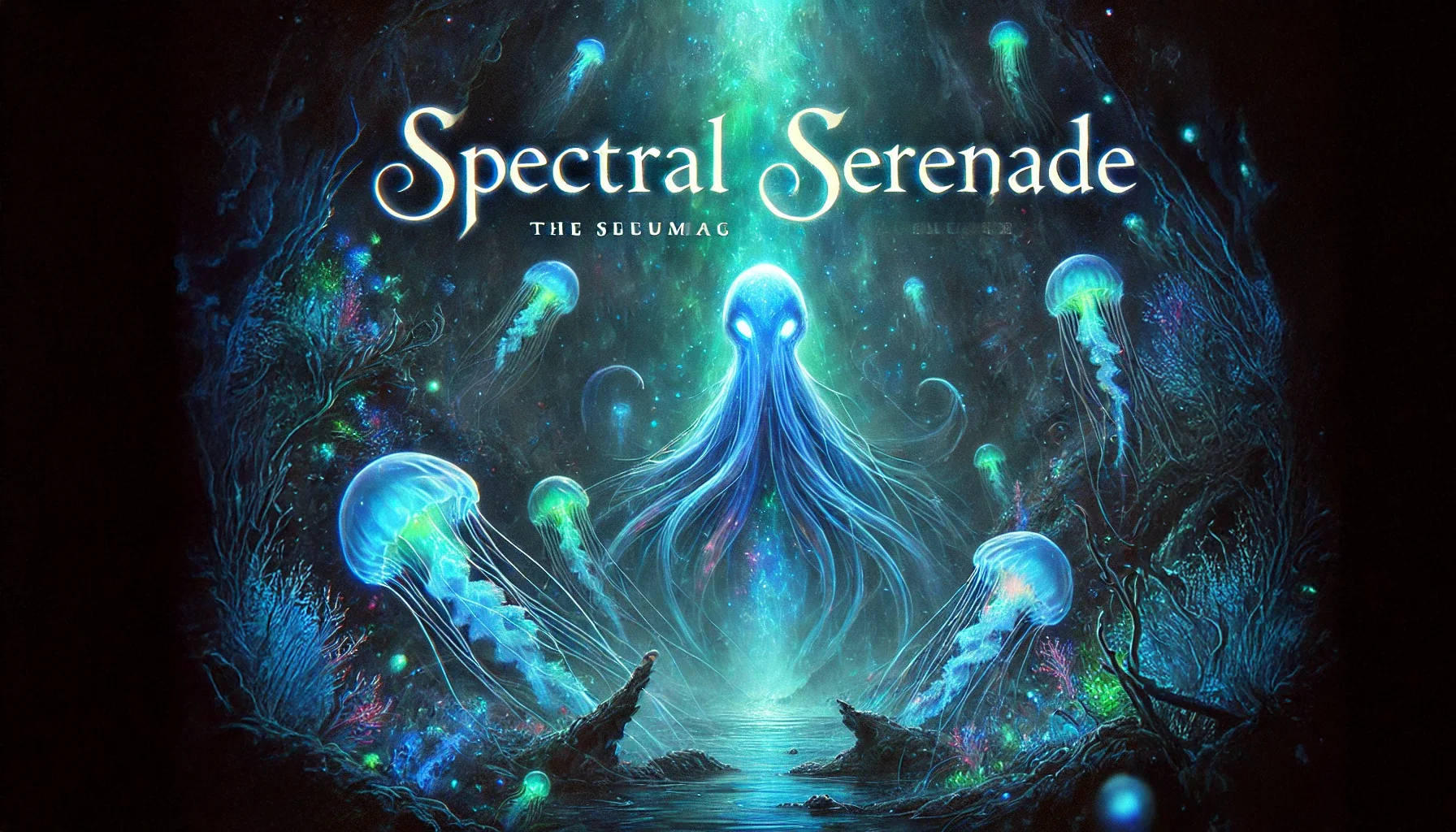 An album cover for the song 'Spectral Serenade', featuring a mysterious underwater scene. The im