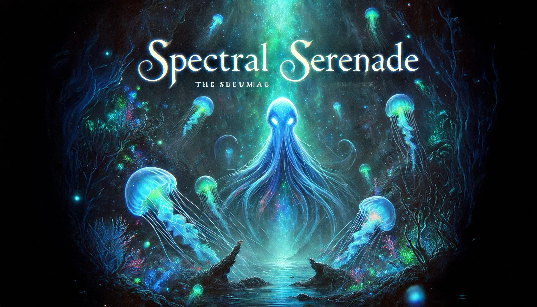 An album cover for the song 'Spectral Serenade', featuring a mysterious underwater scene. The im