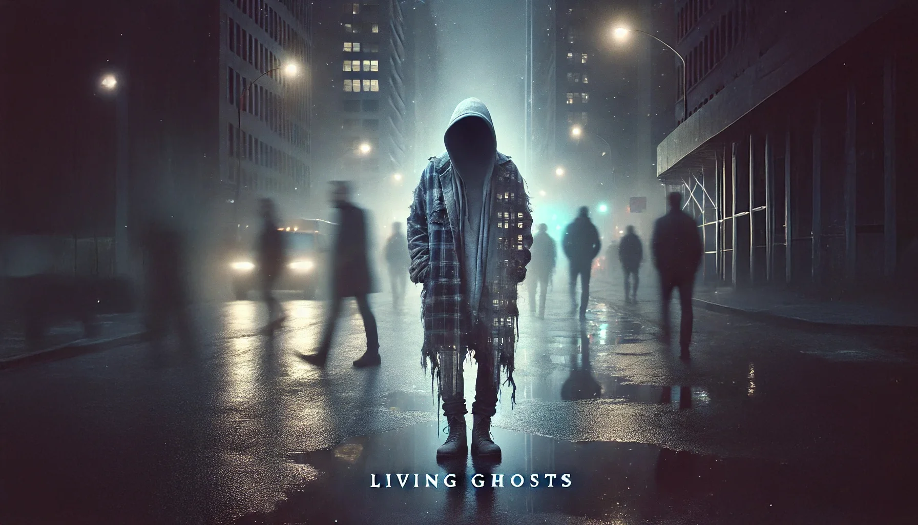 Album cover for a song titled 'Living Ghosts.' The design is dark and atmospheric, with a ghostl