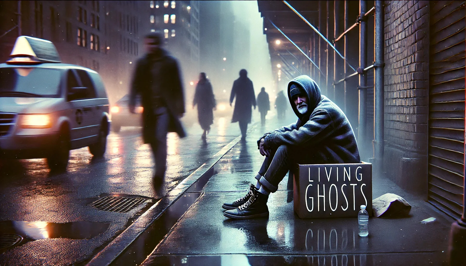 Album cover for a song titled 'Living Ghosts.' The design is dark and atmospheric, featuring a h
